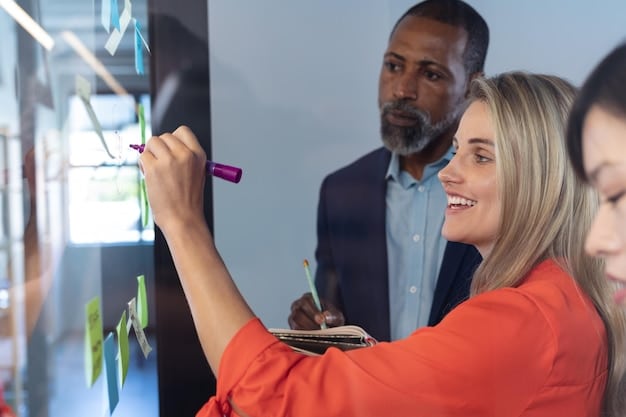 A diverse team of startup founders collaborating intensely around a whiteboard, sketching out a financial model with growth projections and investor-focused metrics.
