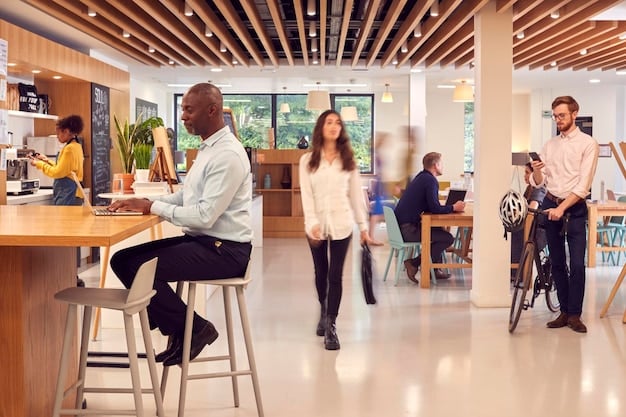 A diverse group of business professionals in a modern, collaborative office space, engaged in a discussion. One person is writing on a clear glass board with financial graphs, symbolizing strategic planning and team effort.
