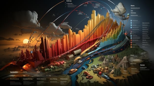 A detailed, colorful economic data dashboard showing various financial metrics like GDP growth, inflation, and unemployment, with arrows indicating trends.
