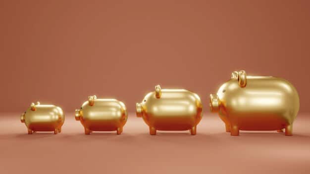 Three piggy banks of different colors (gold, silver, bronze) sitting on a stack of US dollar bills, subtly reflecting increased savings rates due to the 