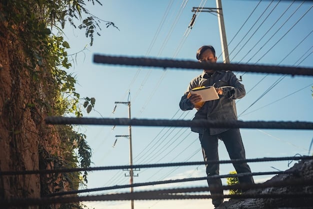 A photograph of a lineman repairing a downed power line during stormy weather. The lineman is wearing protective gear, and the image highlights the dangerous conditions under which these repairs are often made. Include text overlay 