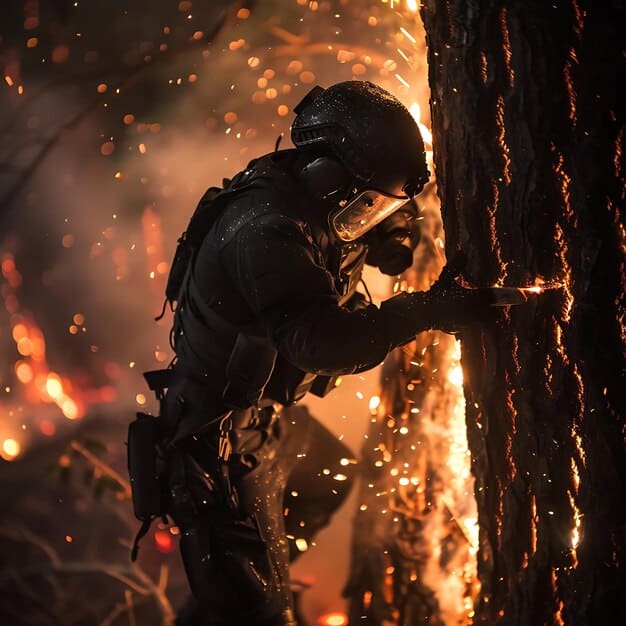 A close-up shot of firefighters battling a wildfire in a forest. Flames leap from tree to tree as firefighters spray water and create firebreaks. The intensity and danger of the Developing: Wildfires Rage Across Western States - Evacuations Underway situation are palpable.