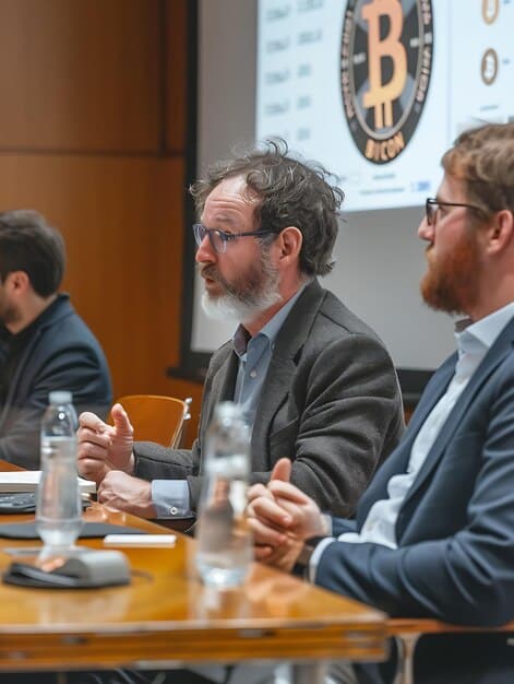 A professional setting showing people meeting to discuss the new regulatory documents on cryptocurrency, a laptop displaying related data, and a whiteboard outlining the points of compliance. It symbolizes navigating 'Breaking: New Regulations on Cryptocurrency Announced - What You Need to Know to Stay Compliant'.