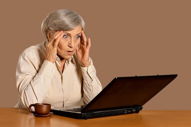 An elderly woman sitting at her computer, looking confused and overwhelmed by the screen full of pop-up ads and unfamiliar icons. Caption: 