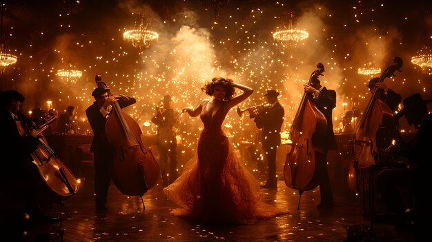 A spotlight shining on a Broadway stage, illuminating a group of actors in elaborate costumes mid-performance. The visual emphasizes the energy and spectacle of live theater, with a hint of cinematic flair suggesting its potential for adaptation.