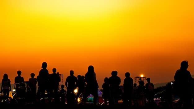 A music festival crowd shot silhouetted against a sunset, with various artist names visible on the main stage screen, representing the potential for album releases coinciding with summer music festivals.
