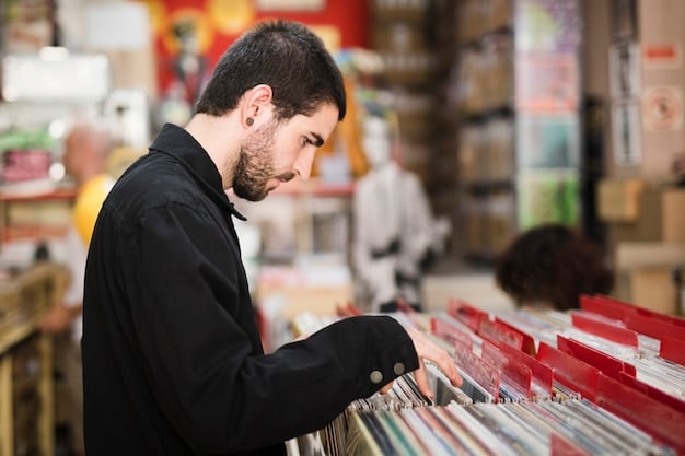 A person carefully examining a vinyl record in a record store. The person is holding the record up to the light, inspecting it for scratches and imperfections. The shelves behind them are filled with various albums, showcasing The Resurgence of Vinyl Records: Why Music Lovers Are Embracing Analog Again in retail environments.