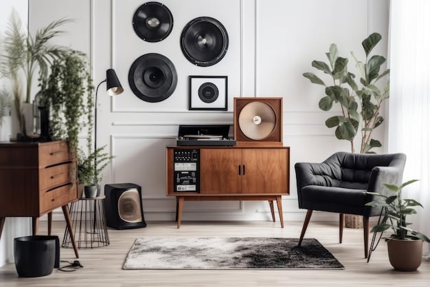 A modern living room setup featuring a high-quality turntable, amplifier, and speakers, with a vinyl record playing. The room is decorated with minimalist furniture and artwork, reflecting a contemporary aesthetic with a nod to classic audio equipment. This highlights the growing trend of The Resurgence of Vinyl Records: Why Music Lovers Are Embracing Analog Again in modern homes.