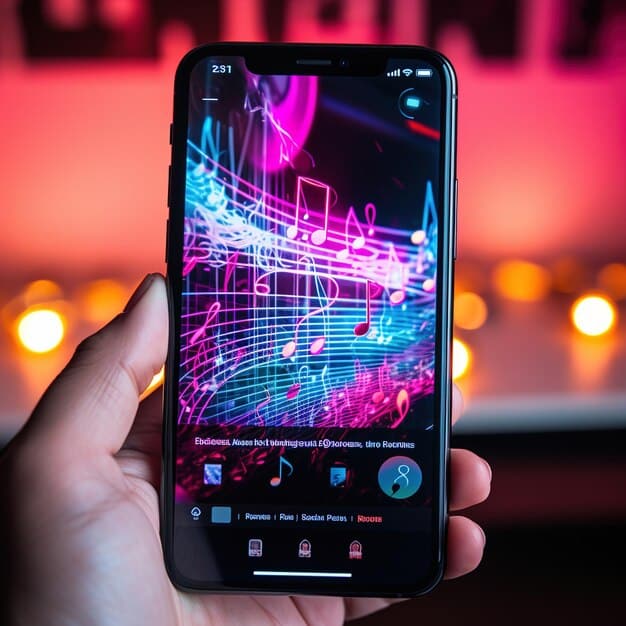 A close-up shot of a smartphone screen displaying the TikTok app, with a trending music icon and a user-generated video playing. The comments section shows enthusiastic reactions to the music, highlighting the platform's role in music discovery and virality.