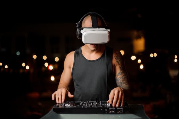 A close-up view of a person wearing a VR headset, with a concert scene reflected in the lenses. The person appears engrossed in the virtual experience, with their hands slightly raised as if interacting with the digital environment. The image conveys the immersive nature of VR concerts in 'The Future of Concerts: Exploring Virtual Reality and Immersive Experiences'.