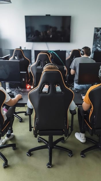A team of esports players sitting in ergonomic gaming chairs in a high-tech training facility. They are all wearing team jerseys and communicating intently while practicing on their computers. The atmosphere is professional and focuses on teamwork, showcasing the dedication and infrastructure required for success in The Rise of Esports: How Competitive Gaming Became a Multi-Billion Dollar Industry.