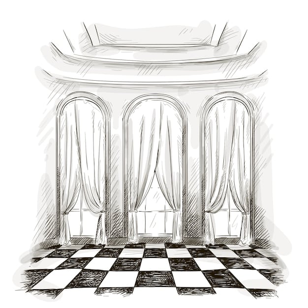 A detailed sketch of a set design for a historical drama, showcasing intricate architectural details and meticulous planning for Behind the Scenes: The Making of a Hit TV Show – A Look at Production Secrets.