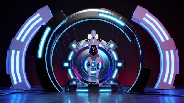 A futuristic stage design featuring holographic projections and dynamic LED lighting, hinting at technological advancements in theatrical production.