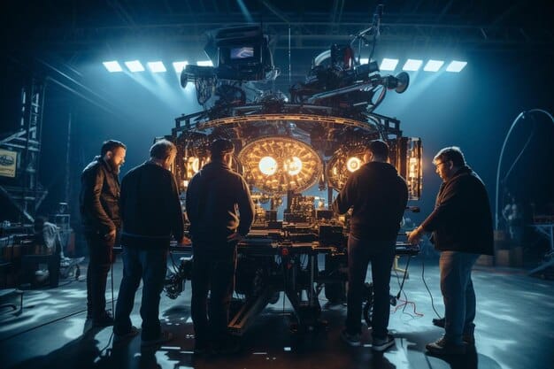 A bustling backstage scene at a Broadway theater, showing stagehands adjusting props and technical crew managing equipment, emphasizing the collaborative effort behind a show.