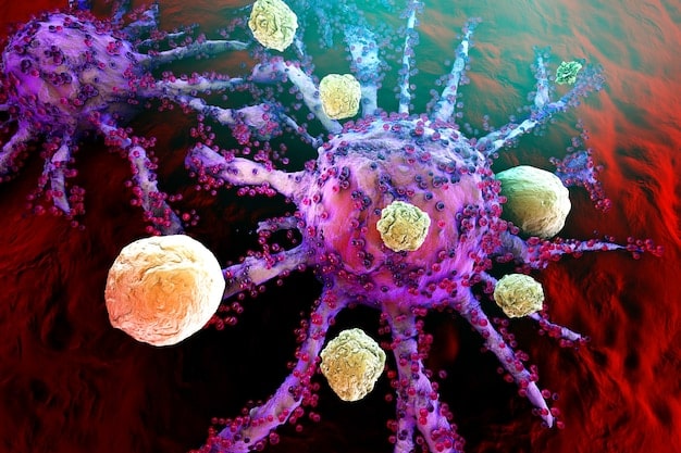 A close-up of various immune cells, such as macrophages and lymphocytes, attacking a virus particle, rendered in a medical illustration style. Highlighting the complexity and activity within the immune system. The scene focuses on cellular mechanisms protecting for boost your immunity before flu season: 3 science-backed strategies for fall 2025.