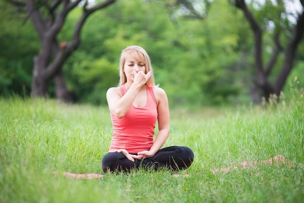 A serene woman meditating outdoors in a park. She is sitting cross-legged on a yoga mat with her eyes closed and hands resting on her knees. The background shows lush greenery and the soft light of the morning sun.