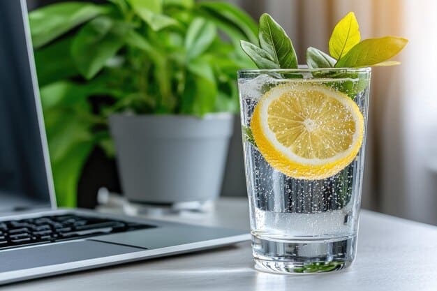 A close-up shot of a glass of water being poured, with a sliced lemon and mint leaves visible. The background is a brightly lit office environment.