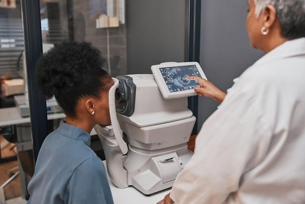 An optometrist performing an eye exam on a patient, using specialized equipment to examine the retina. Show the doctor pointing to a screen with the retinal image.