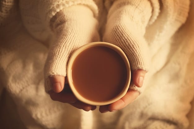 A person's hand holding a cup of tea, with a blurred background showing a cozy living room. The image represents the act of mindful tea drinking as a relaxation technique to Reduce Stress in 5 Minutes.