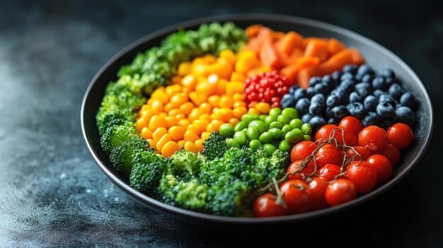 Close-up shot of a colorful plate filled with non-starchy vegetables like broccoli, bell peppers, spinach, and carrots, all steamed to perfection and artfully arranged to highlight the nutritional benefits of a diabetes-friendly diet in preventing Type 2 Diabetes: Lifestyle Changes That Can Make a Difference.
