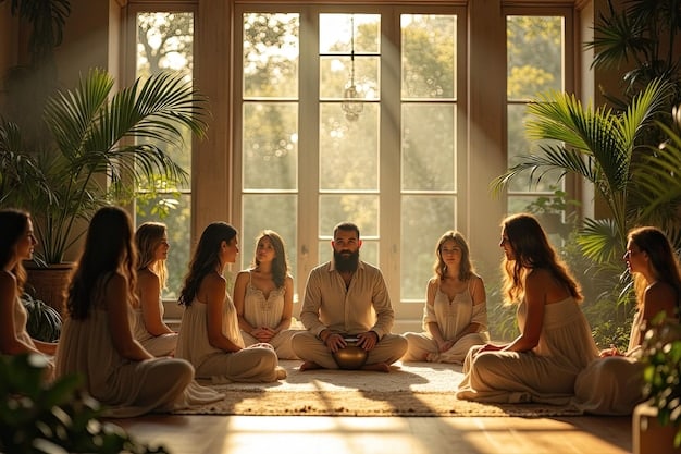 A serene image depicting a group of people in a yoga class, all meditating peacefully with soft lighting, with a focus on mindfulness and relaxation, to highlight the importance of stress management in preventing Type 2 Diabetes: Lifestyle Changes That Can Make a Difference