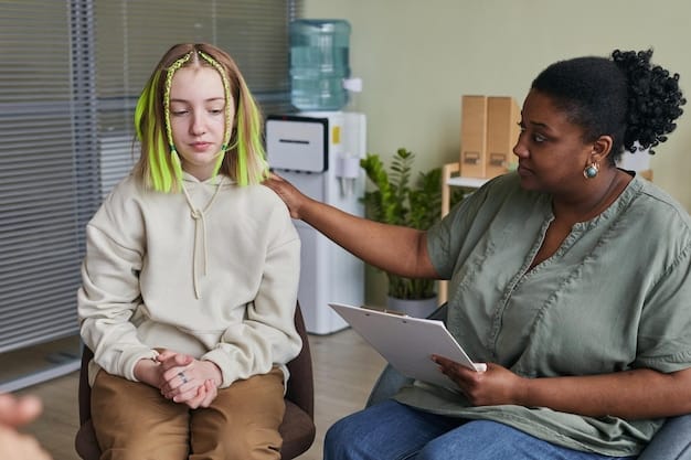 A therapist providing support and guidance to a patient during a therapy session. The image represents the process of seeking help for mental health and the importance of professional support.
