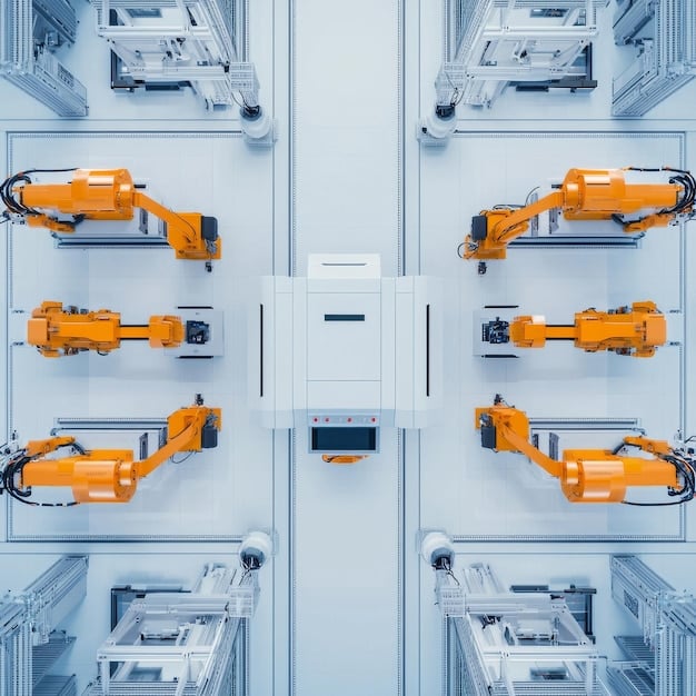 An aerial view of a smart factory floor, with robots and automated machinery working in harmony, illustrating optimized operations and modern manufacturing efficiency.