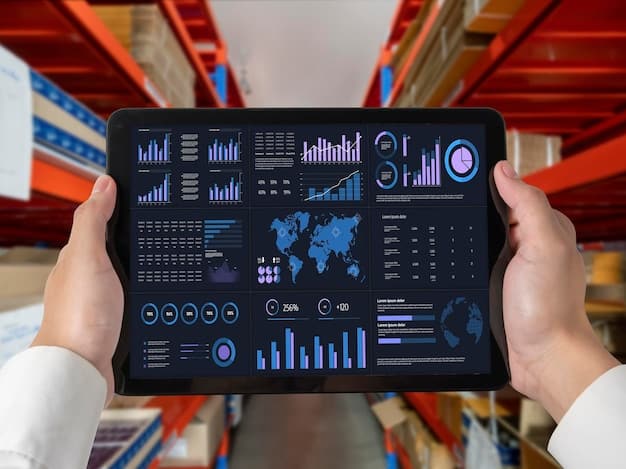 A digital dashboard displaying real-time supply chain data, including inventory levels, shipment tracking, and predictive analytics charts. The dashboard features interactive graphs and maps.
