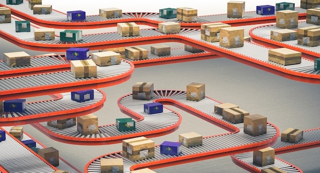 A visual representation of a supply chain map, illustrating how goods and materials flow from various countries to the US, with arrows indicating adjustments needed due to updated trade agreements. The image underscores Understanding the Impact of the Updated Trade Agreements on US Businesses in 2025