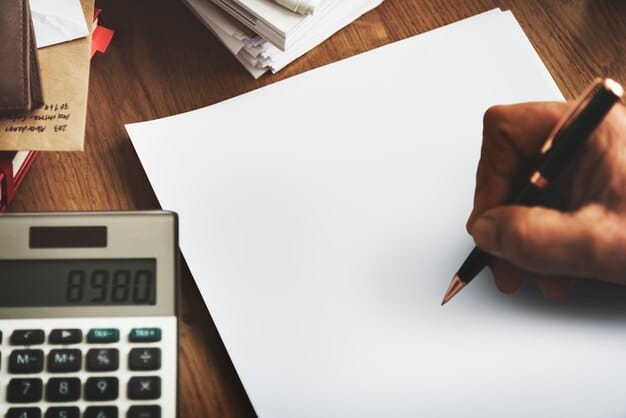 A close-up shot of a contract for a small business loan, highlighting the sections on interest rates and repayment terms. Include a pen resting on the document and a calculator in the background.