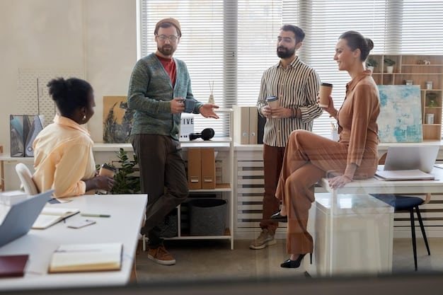 A diverse group of professionals collaborating in a modern, open-plan office. They are engaged in a discussion, with laptops and digital displays visible. This image represents the collaborative efforts needed to navigate Labor Market Trends: How to Navigate the Current 3.7% Unemployment Rate.