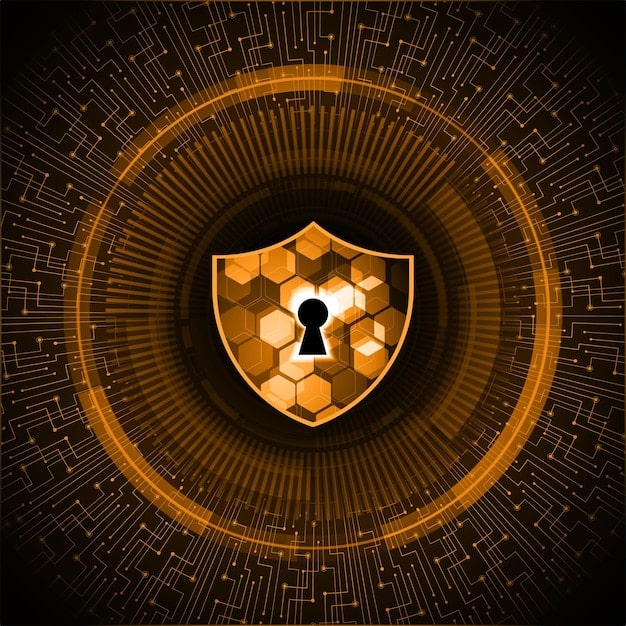 An abstract representation of a digital shield with a lock icon in the center, surrounded by interconnected nodes and data streams. The shield symbolizes cybersecurity protection, while the nodes and streams represent the flow of data within a business network. The text 