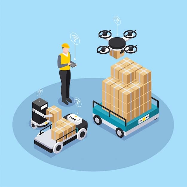 An illustration depicting an optimized supply chain with AI-powered drones, autonomous vehicles, and smart warehouses. The image showcases the integration of technology and automation in streamlining logistics, enhancing efficiency, and reducing costs. The image emphasizes The Role of Artificial Intelligence in Business: Opportunities and Challenges for 2025 within the supply chain sector.