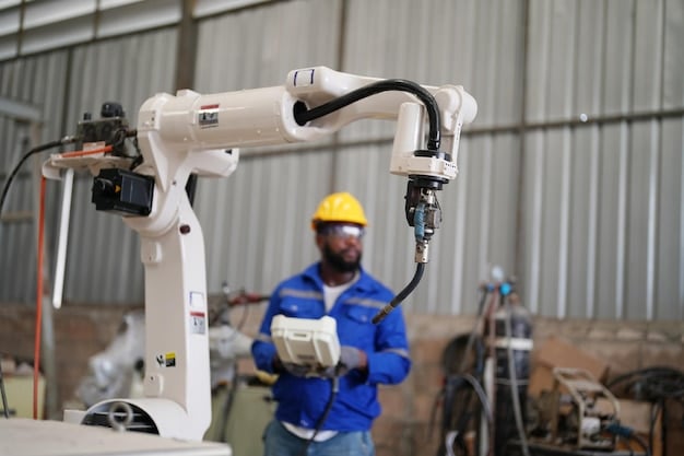 A robotic arm performing a precise assembly task in a manufacturing plant, showcasing the efficiency and accuracy of automation in industrial processes, reflecting the topic of 