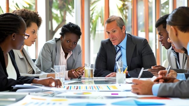 A diverse team in a business meeting discussing strategies for Risk Management: Developing a Comprehensive Plan to Protect Your Business Assets, highlighting collaboration and proactive planning to mitigate risks.
