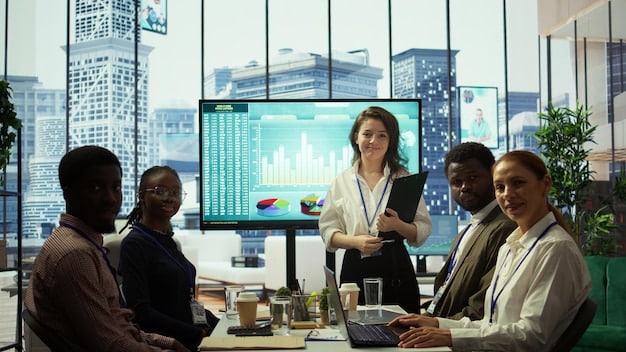 A diverse group of business professionals in a boardroom discussing financial documents, with charts and graphs on a screen, symbolizing corporate financial strategizing.