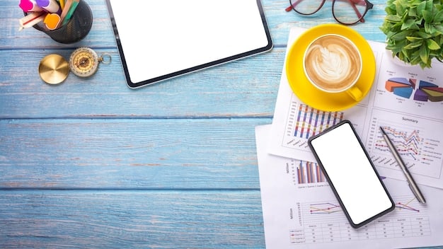 A detailed flat lay of a desk with a laptop displaying a financial news website, a coffee cup, and scattered notes, suggesting focused preparation and research for upcoming tax changes.