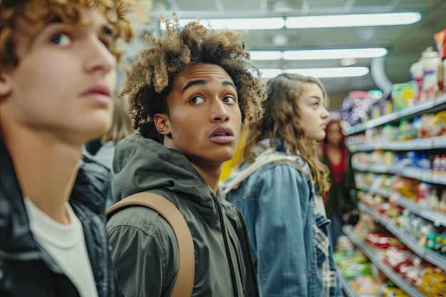 A group of diverse people in a supermarket aisle, thoughtfully examining various food product labels, with a soft, warm glow indicating mindful shopping. One person points to an ingredient list, engaging in discussion.
