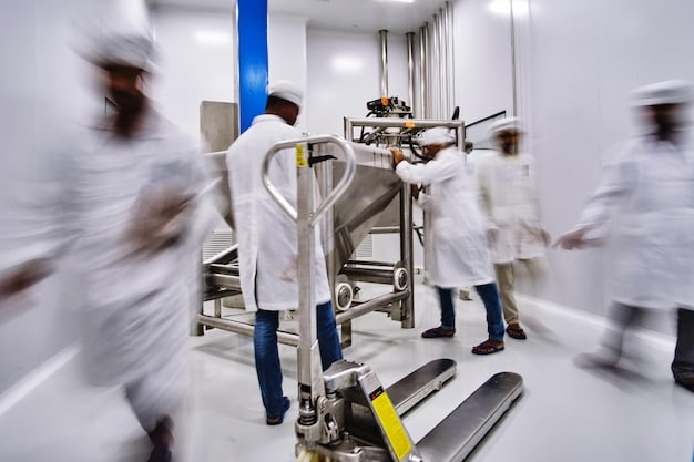 A factory floor with food production lines, showing workers in lab coats inspecting machinery and food products, highlighting the industrial aspect of reformulation.
