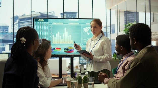 A diverse group of business professionals in a modern conference room, intensely discussing financial projections on a large screen, with charts showing scenarios for rising interest rates. The atmosphere is collaborative and focused on strategic decision-making.